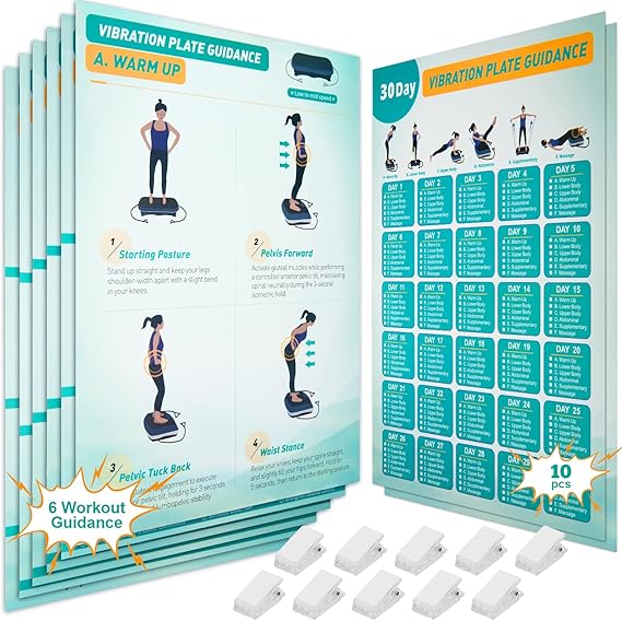 Vibration Plate Exercise Machine Poster - Upgraded 6 Workout Guidance & 10 Pcs Planner & 10 Pcs Double-Sided Clips, Comprehensive Whole Body Wave Vibrating Workout Chart