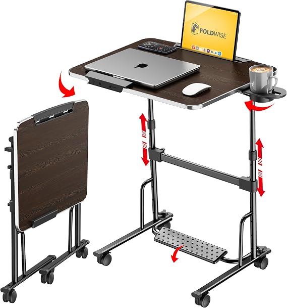 FoldWise Foldable Standing & Rolling Desk, Upgraded Portable Desk on Wheels | Adjustable Height & Angle, Sturdy Mobile Table Workstation for Laptop with Footrest, Cup Holder, Edge Stopper & iPad Holder