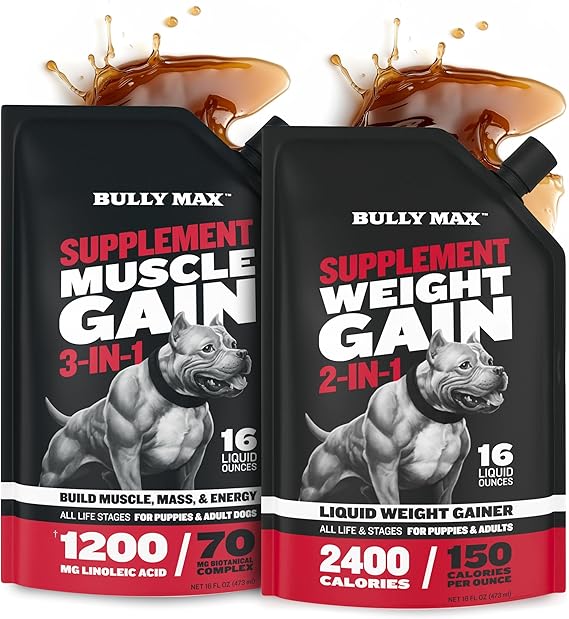 Bully Max Muscle & Weight Gain Power Bundle Premium 3-in-1 Liquid Muscle Builder & 2-in-1 High-Calorie Liquid Weight Gainer for Dogs of All Breeds & Ages, from Puppies to Senior Dogs