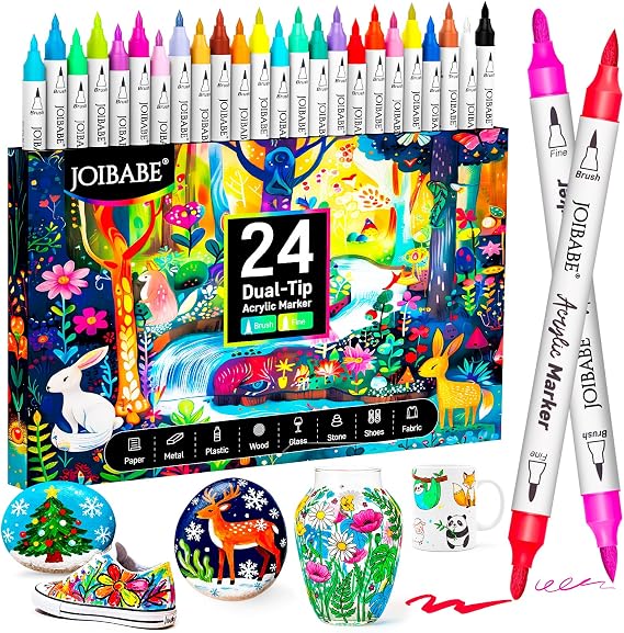 Acrylic Paint Markers, 24 Colors Acrylic Markers Set, Dual Tip Fine & Bursh Acrylic Paint For Pensor Rock, Fabric, Wood, Glass, Craft, Decoration,Christmas Gift Idea for Teens, Artist