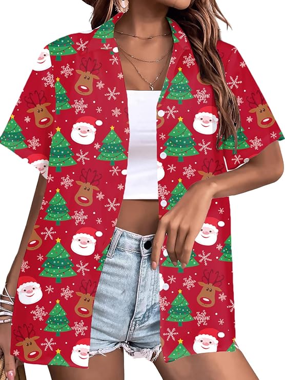 Christmas Shirts for Women Hawaiian Christmas Shirt Xmas Button Down T Shirt Merry and Bright Short Sleeve Tee Tops