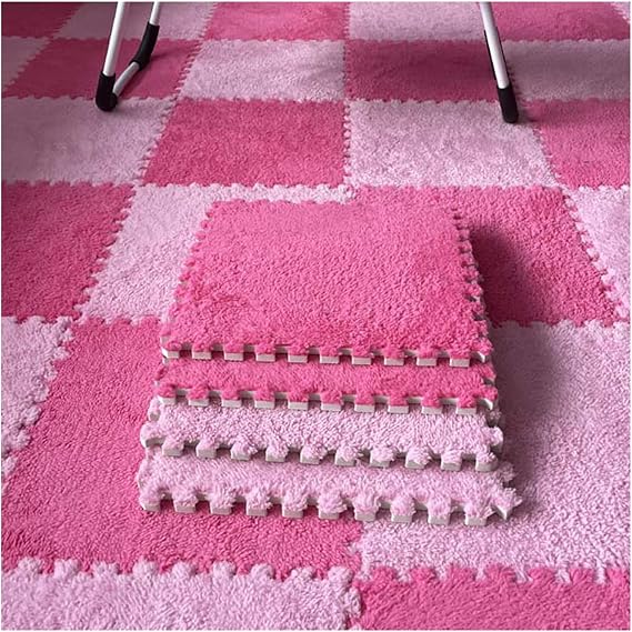 12 Pcs Interlocking Carpet Tiles, Plush Foam Square Floor Mats Set, Puzzle Floor Mat For Living Room, Bedroom And Hard Floor, 12 Tiles/12 Sq.Ft(Color:Rose Red+Pink)