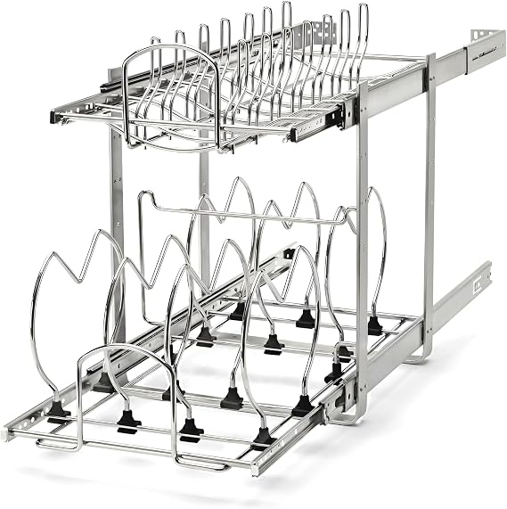 Rev-A-Shelf Dual Kitchen Cabinet Pullout Organizer, Min Open Width of 11.5" | 2-Tier U-Shaped Cookware Storage Rack for Pots, Pans, and Lid Cookware, Adjustable Heavy Duty Wire, Chrome, 5CW2-1222-CR