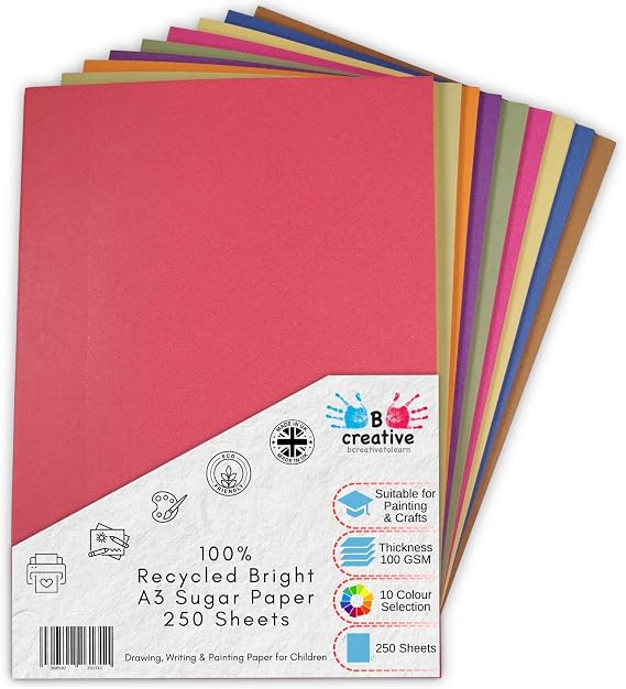 Be Creative A3 Recycled Sugar Paper 42 x 29.7 cm 100gsm – 250 Sheets in 10 Assorted Bright Colours for Arts, Crafts, Drawing & Scrapbooking