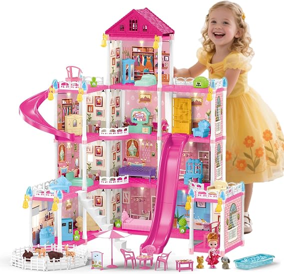 Villa Toy House for Girls, 4 Stories 12 Rooms Villa Playhouse with Doll