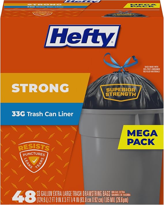 Hefty Strong 33 Gallon Trash Bags with Drawstrings, Black, Unscented, 48ct | 33G Large Trash Bag Liners, Resists Leaks, Punctures, Tears, Superior Strength, Heavy Yard Work, Large Scale Cleanups