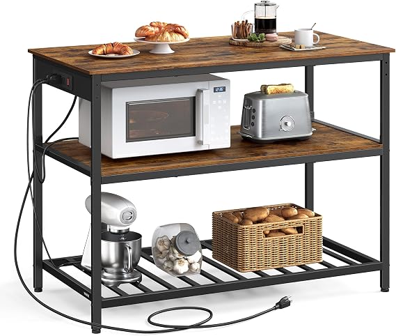 VASAGLE Kitchen Island with 3 Shelves, Storage Cabinet, Steel Structure | Kitchen Shelf with Large Wooden Worktop, 47.2 Inches Width, Rustic Brown and Matte Black, BARNET Collection UKKI101K01