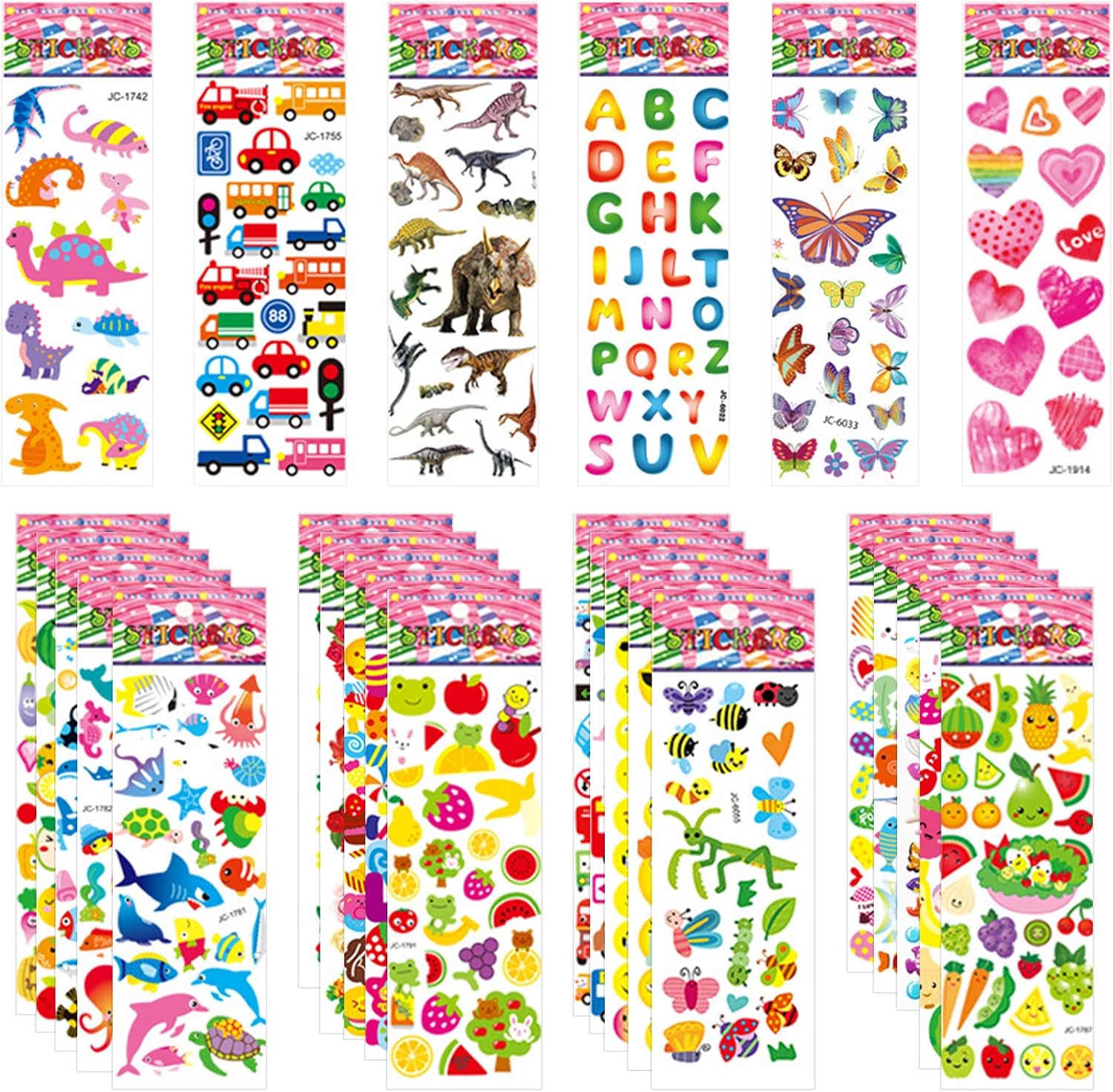 Jsdoin 50 Sheets Puffy Stickers for Kids, 1000 Children 3D Stickers Party Bag Filler for Party Rewarding Gifts Scrapbooking Including Animals Letter Fish Dinosaurs Numbers Fruits Trucks Airplane