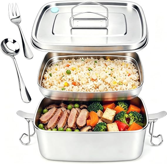 Stainless Steel Bento Box Lunch Containers - Metal Meal Prep Container with Air Vent Includes Stainless Steel Spoon & Fork - Leak-Proof, Double Layer, Microwave-Safe, 1.5 L (50.7 fl oz)