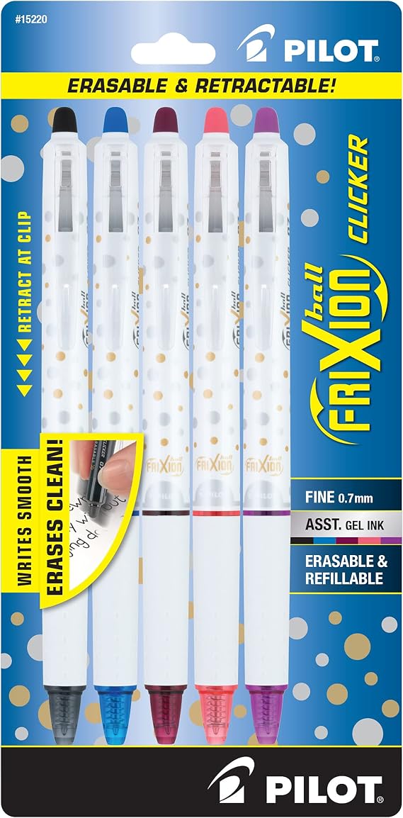 PILOT FriXion Clicker Erasable Design Collection Dots, Refillable & Retractable Gel Ink Pens, Fine Point (0.7mm), Assorted Ink, 5-Pack (15220)