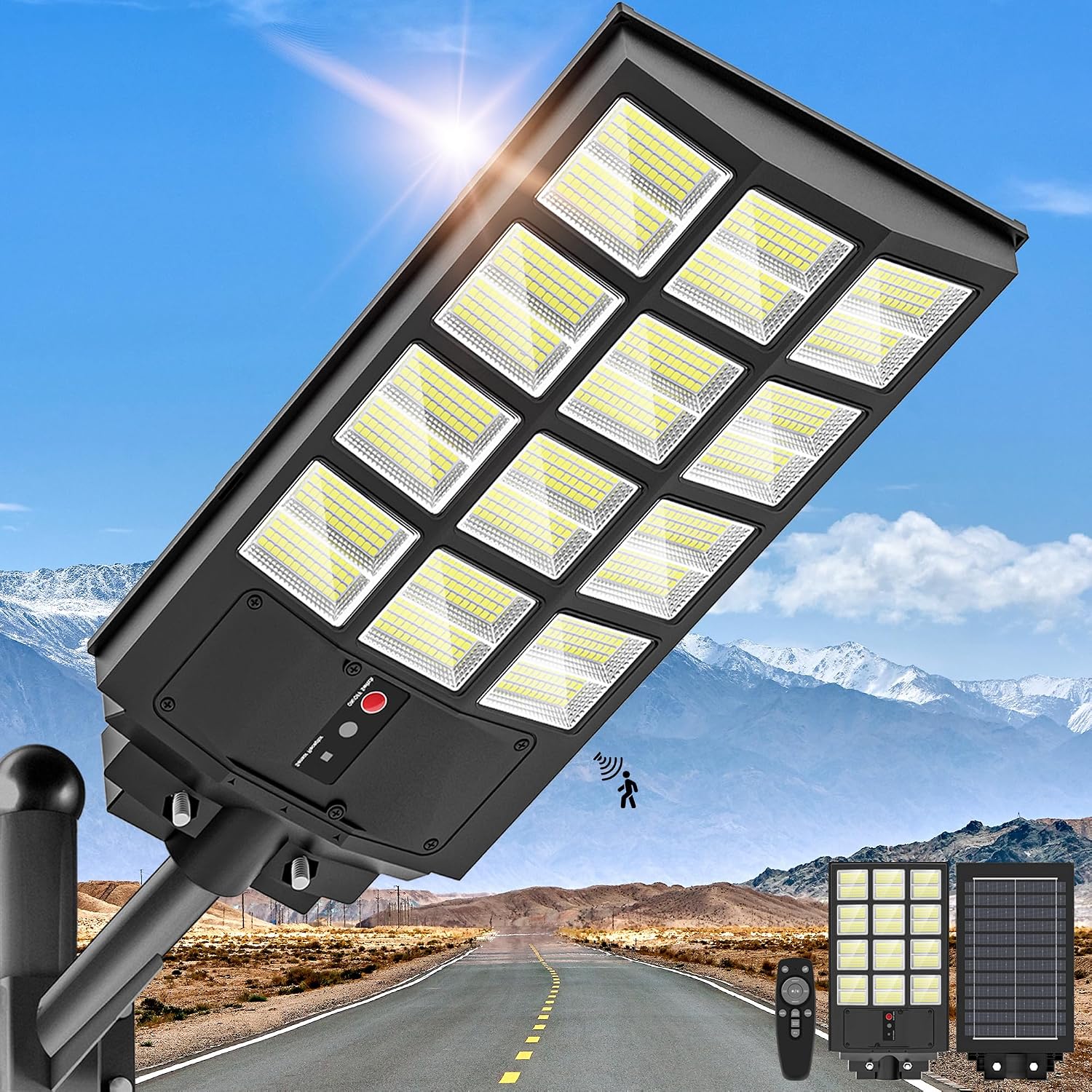 5000W Solar Street Light, Wide Angle Solar Lights Outdoor IP66 Waterproof, 6500K Dusk to Dawn, LED Security Flood Light with Motion Sensor and Remote Control for Residential Commercial Yard