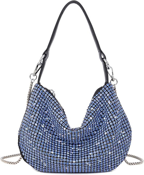 Sweetovo Women Sparkly Rhinestone Purse Tassel Crystal Diamond Crossbody Bag Silver Chain Clutch for Evening Prom Party