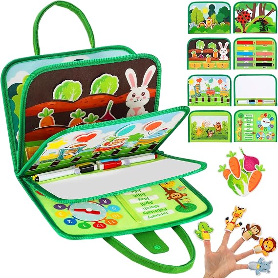 Busy Board for Toddlers, Montessori Toys for Boys Girls, Educational Learning Activity Quiet Book with Life Skills, Toddler Travel Toys Birthday Gifts (Green)