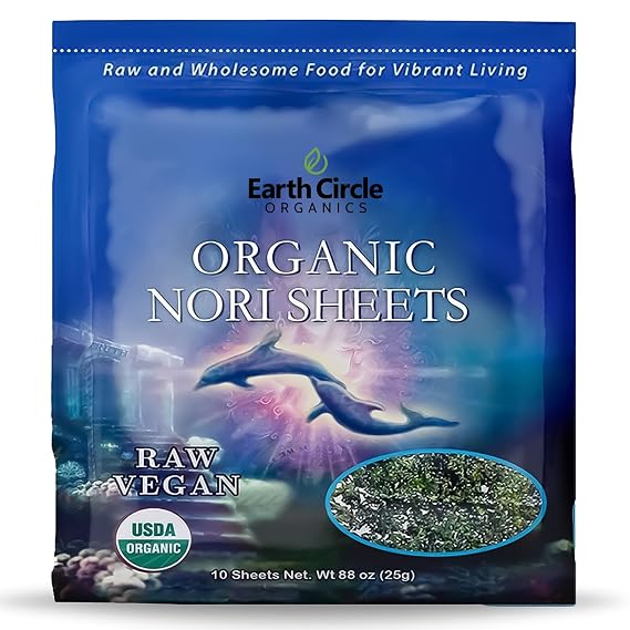 Earth Circle Organics | Organic Nori Seaweed Sheets - Raw, Unheated & Not Roasted | Grade A Certified | Vegan, Paleo, Keto Friendly | Premium Nori for Sushi Rolls & Wraps (10 Sheet)