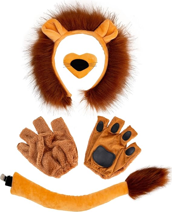 5Pcs Lion Costume Set Lion Ears Headband Tail Paw Gloves Nose | Halloween Adult Dress up Accessories Furry Cosplay Party