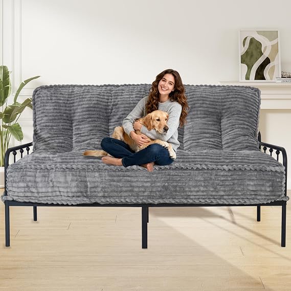 8" Futon Mattress Queen Size, Futon Sofa Couch Bed with Straps, Thick Corded Fabric Floor Futon Mattress for Adults, Sleeping Mat Foldable Mattress for Camping, Dorm,Light Gray(Frame Not Included)