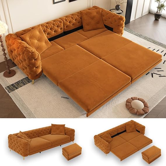 97.7" King Pull Out Sofa Bed, Velvet Chesterfield Sleeper Sofa Couch, 3 in 1 Convertible Tufted Futon Couches with Ottoman for Living Room, Small Space, Apartment, Bedroom, Office, Orange