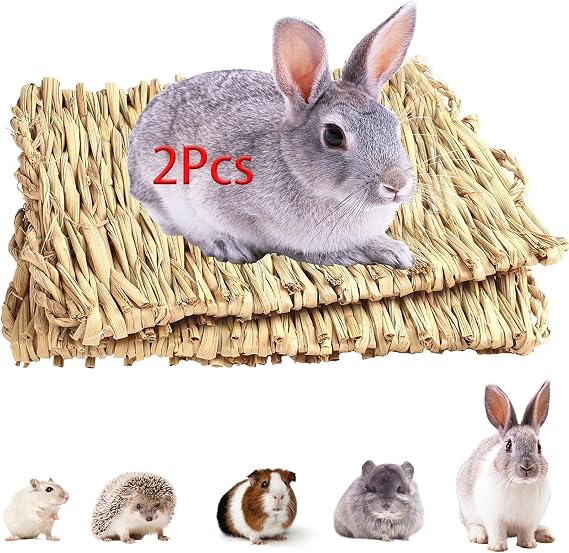 2 PCS Rabbit Grass Mats, Natural Straw Hay Woven Rabbit Bed Cage Mats Pet Handmade Bedding, Sleeping Chewing Nesting and Toys for Hamster Bunny Chinchilla Bird and Other Small Animal (2Pcs)