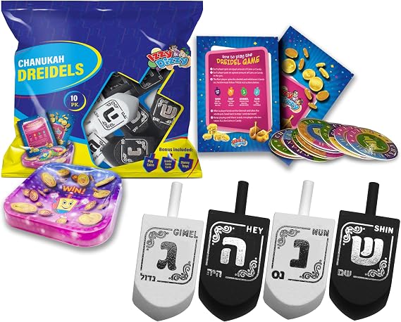 Izzy 'n' Dizzy Hanukkah Dreidels - Black & White Wood Dreidel - 10 Pack Medium - Chanukah Spinning Draidel Game