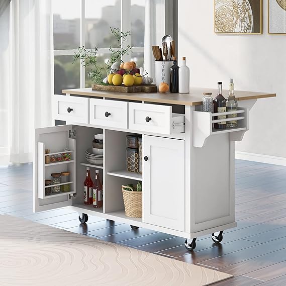 Kitchen Island with Drop-Leaf Countertop, Internal Storage Cabinet Racks, Rolling Kitchen Cart on 5 Wheels with Open Shelves and 3 Drawers, Spice Holder, for Dining Room, White