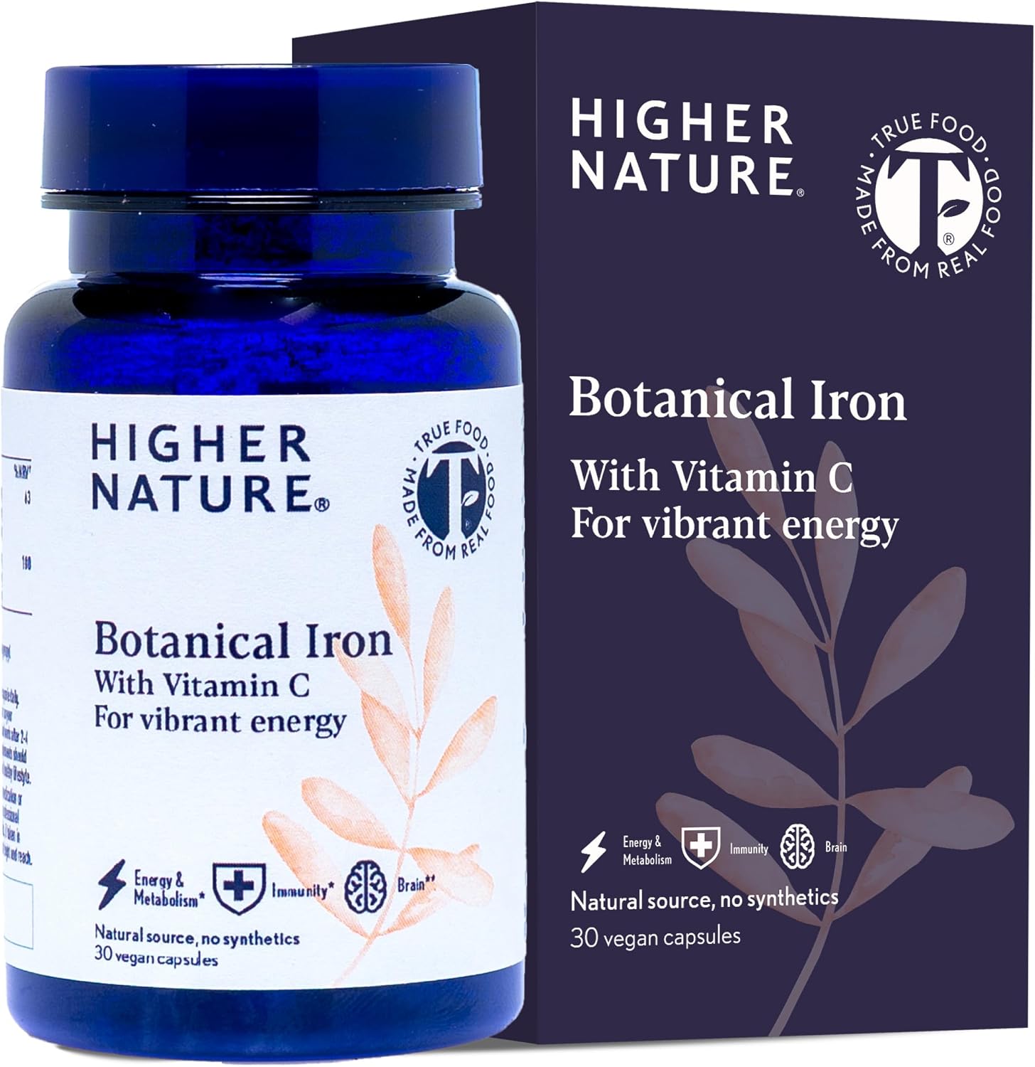 Higher Nature - Botanical Iron with Vitamin C - Natural & Gentle Iron Supplement for Women & Men - Supports Energy, Cognitive Function & Normal Immune Function - True Food® Formula - 30 Capsule