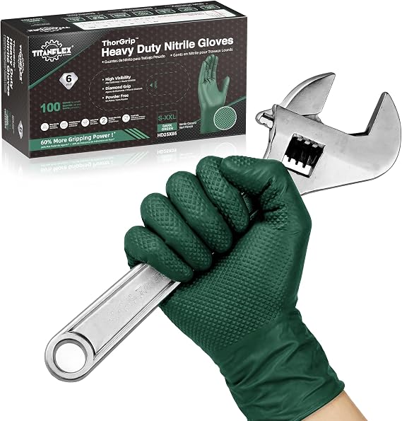 TitanFlex Heavy Duty Industrial Nitrile Gloves with Raised Diamond Texture, 6-mil, Latex Free (Dark Green/Yellow)