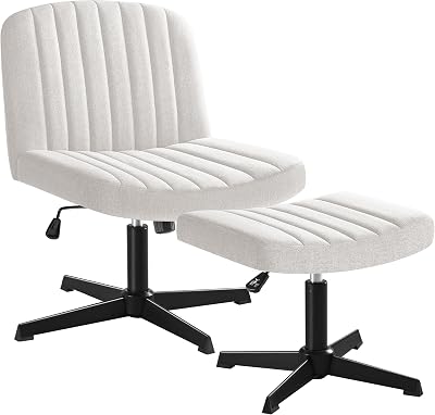 Shahoo Criss Cross Legged Chair with Ottoman, Armless Swivel Wide Padded Modern Height Adjustable Fabric Home Office, Beige