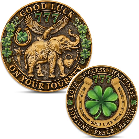 Good Luck 777 Challenge Coin,Four Leaf Clover & Elephant Lucky Coin