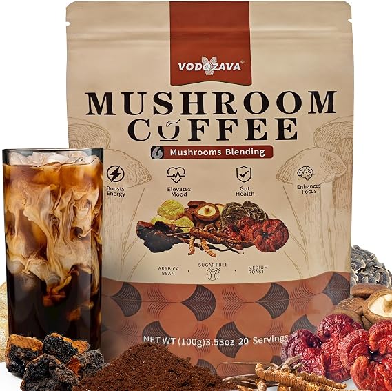 Instant Mushroom Coffee Powder Espresso Cafe Extract with Chaga Lions Mane Turkey Tail Shiitake Cordyceps Reishi 20 Servings