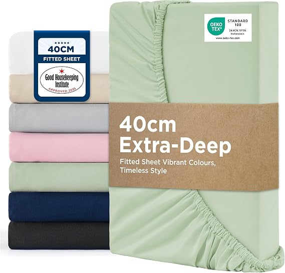 Bedsure Double Fitted Sheet Deep - 40cm Pocket, Sage Green, 135x190cm