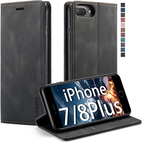 japezop iPhone 7 Plus/8 Plus Wallet Case for Women with [RFID Blocking] Credit Card Holder, Leather Flip Book Phone Case(Black)