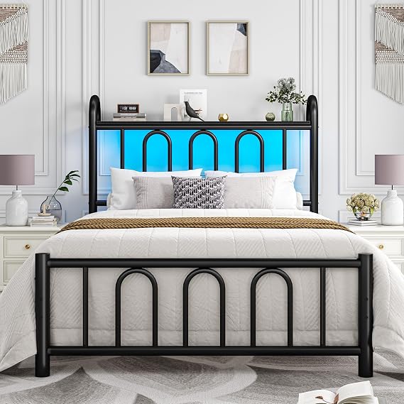 Homkdom Metal Twin Bed Frame with LED Storage Headboard,Black