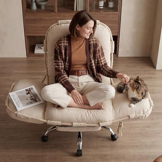 DEKKETO Cross Legged Office Chair with Footrest, Chenille Comfy Wide Desk Chair with 5-Position Flip Armrests, Heavy Duty 180kg Ergonomic Reclining Swivel Chair for Home Office, Beige