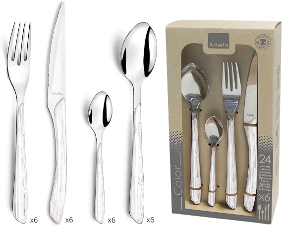 AMEFA - 24-piece cutlery set for 6 people - Eclat Nature - 18/0 stainless steel, glossy finish - White wood