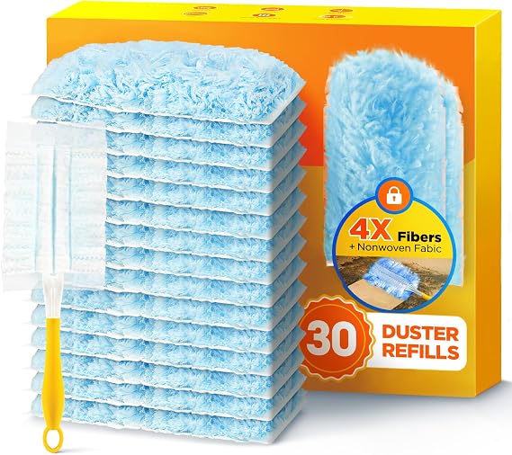 30 Count Duster Refills for Swiffer Duster with 1 Handle, One-Sided Disposable Dusters Refills with 4X Microfibers, Unscented Dusters for Cleaning Home, Furniture, Blinds & Vent