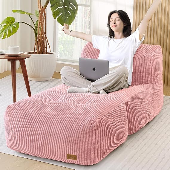 Big Bean Bag Chair for Adults, 170"x80" Lounger Large Bean Bag Sofa, Memory Foam Filled Beanbag Chair for Living Room, Bedroom, Balcony - Ergonomic Support & Premium Comfort (Pink)