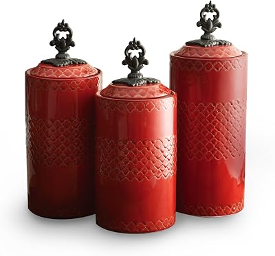 American Atelier Set of 3 ceramic Canisters-Red,13.5x4.5x12.4 , Red