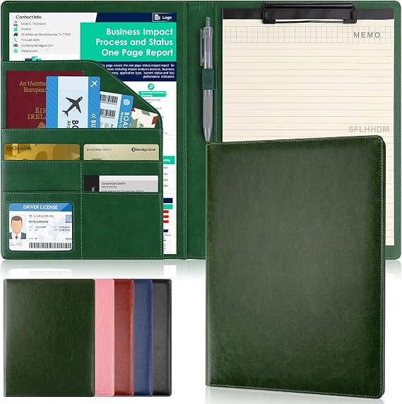 Clipboard Padfolio with Storage Pocket,Clipboard Folder Portfolio Organizer,360 Degree Foldable Clipboards,Faux Leather Padfolio Organizer (Olive Green, A4 Size Folder Without Elastic Band)