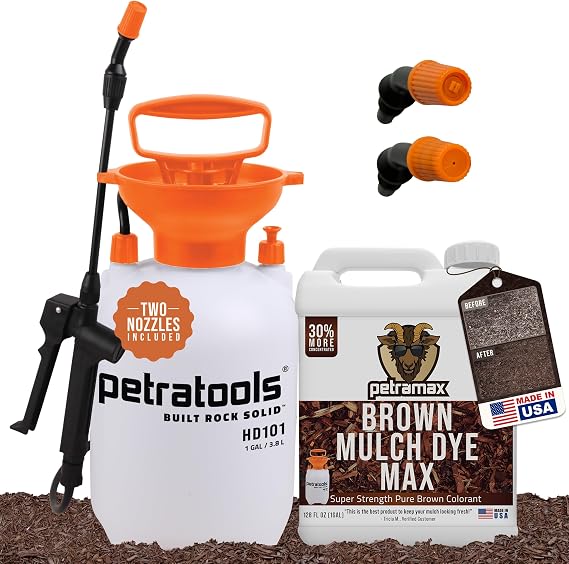 PetraTools Brown Mulch Dye with Sprayer Landscaping Bundle - 1 Gallon Brown Mulch Paint - Superior Coverage, Long-Lasting Color - Mulch Spray or Pine Straw, Yard Dye with HD101 Pump Garden Sprayer