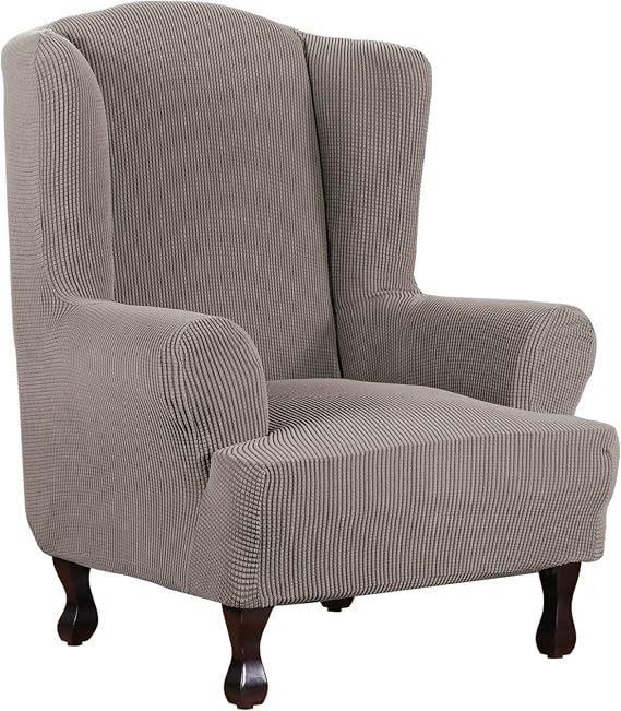 H.VERSAILTEX Wing Chair Slipcover Chair Covers for Wingback Chairs Wingback Chair Covers Slipcovers 1 Piece Stretch Sofa Cover Furniture Protector Soft Spandex Jacquard Checked Pattern, Taupe