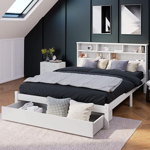 Merax Double Bed Frames with Headboard Bookshelves, 5 Storage Compartments, Wooden Bed Frame with Underbed Drawer, 4FT6 Double Bed with Storage, White, 135x190cm