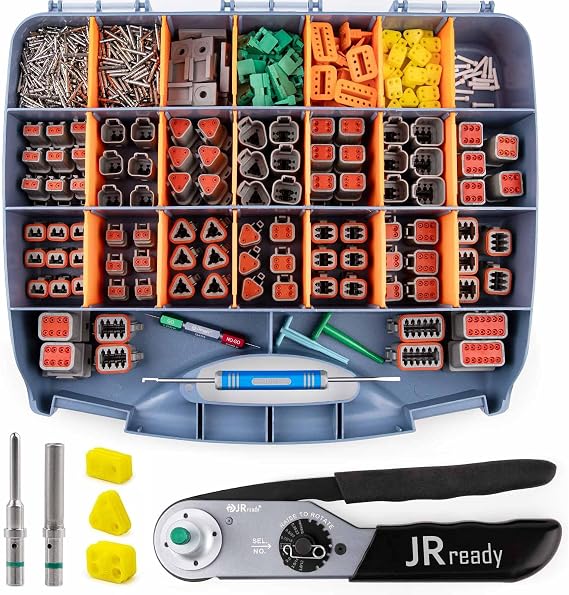 JRready ST6110-1 14AWG Deutsch DT Connector Kit with Terminal Crimp Tool | DT Connectors 2 3 4 6 8 12 Pin, Crimp Tool JRD-HDT-48 Crimp Wire 12-22AWG, Deutsch Pins 14-16AWG, 14AWG Yellow Seal Ring