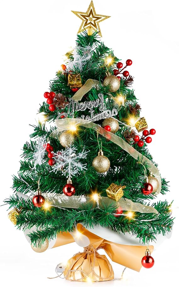 Tabletop Christmas Tree with Lights, Migaven 24 inch/2 ft Mini Christmas Tree with Berry Pine Cone Ornaments Led String Light for Home Desktop Xmas Tabletop Decoration Green