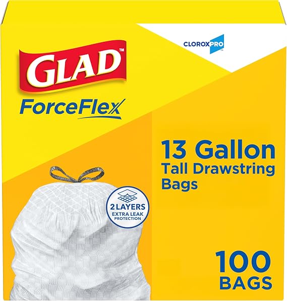 Glad ForceFlex Tall Kitchen Trash Bags, Clorox Pro, 13 Gallon, 100 Count | Unscented, Rip and Tear Resistant, Reinforced Strength Drawstring Garbage Bags, Household Essentials
