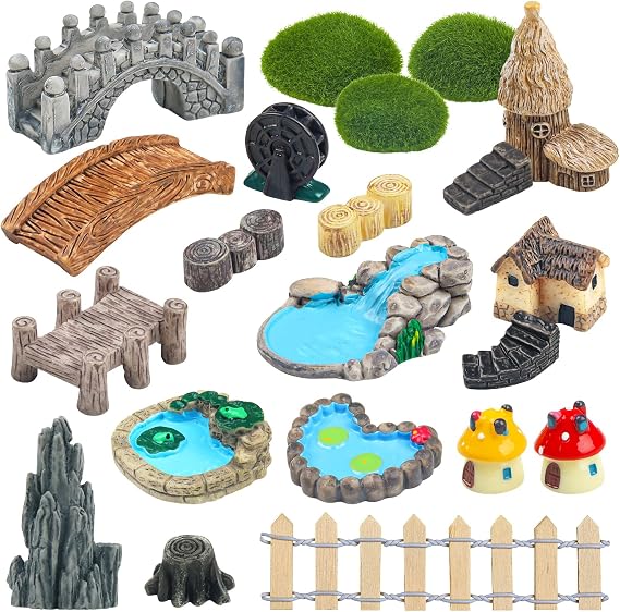 QUOZUO 21 Pcs Fairy Garden Miniatures Accessories Bridge House Landscape Water Well Fence Figurines Pond Mushroom Lawn Garden Ornament for DIY Craft Succulent Decor