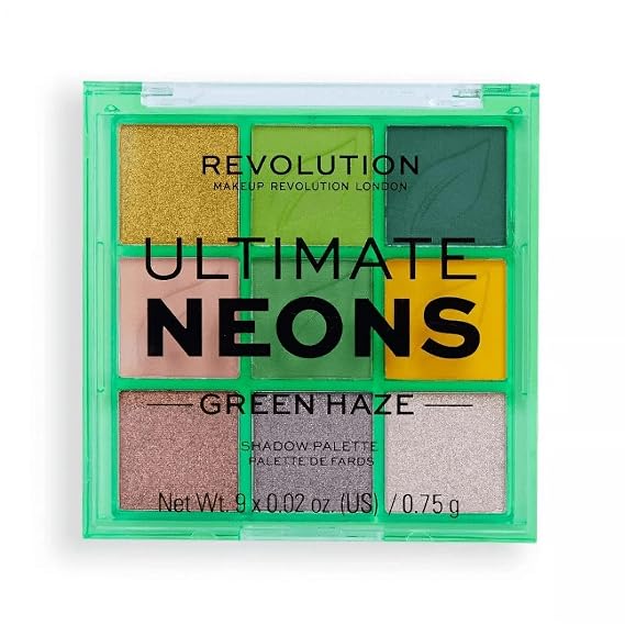 Revolution Ultimate Neons Green Haze Eyeshadow Palette, 9 Shades, 0.02 oz