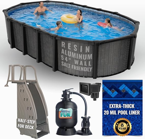 18'x39' Rust Proof Oval Above Ground Pool Package, 54" Salt Friendly Aluminum Wall & Resin Top Rails & Uprights. Includes Pool, Liner, Steps & More