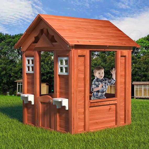 Kids Outdoor Playhouse with Door & 2 Windows - Wooden Backyard Play House for Ages 3-8 - 42L x 46W x 55H - Easy Assembly & Flower Planter