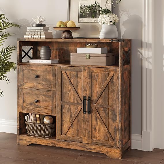 Fameill Farmhouse Storage Cabinet with Drawers and Open Storage, Brown | Freestanding Kitchen Pantry With 2 Barn Doors, Floor Cabinet With Adjustable Shelf for Living Room, Dining Room