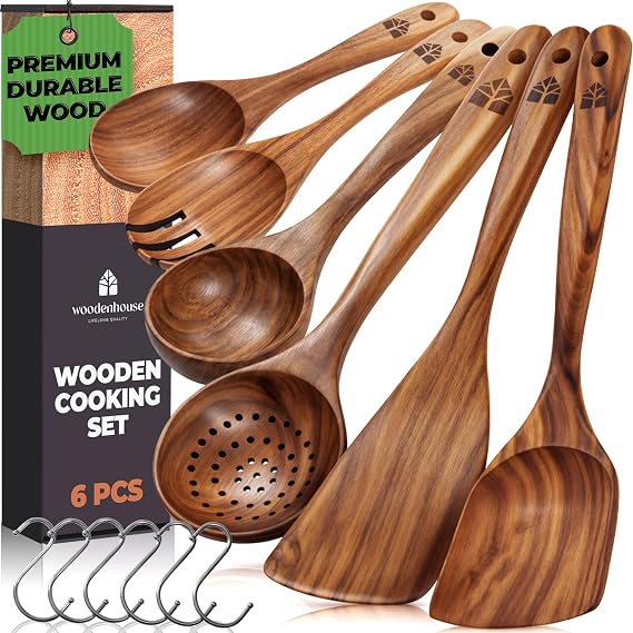 Wooden Spoons for Cooking 6 Pcs, Teak Wooden Utensil Set with Hanging Hooks | Smooth, balanced pieces that protect nonstick pans; won't crack or hold odor; sustainable, non-toxic and easy to wash